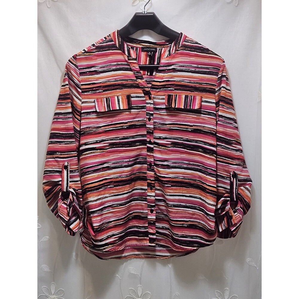 Notations Womens XL Pink Top Stripes Artsy Vibrant Brushstroke Roll-Tab Sleeves